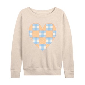 Women's - Instant Message - Patchwork Quilt Heart Lightweight French Terry Wide Neck Long Sleeve Graphic Shirt - 1 of 4