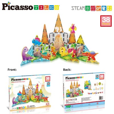 PICASSO-TILES 38 PC Dinosaur Themed, Magnetic Tiles, Building Blocks, STEM Toys for Kids 3+