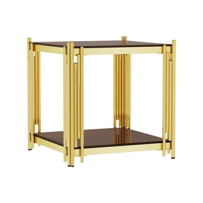 Dolonm Modern Luxury Gold End Table for Living Room, Round 8mm Black Tempered Glass Sofa Side Table