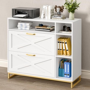 Lateral File Cabinet with 2 Drawers and Open Shelves, Wood Large Printer Stand, White - 1 of 4