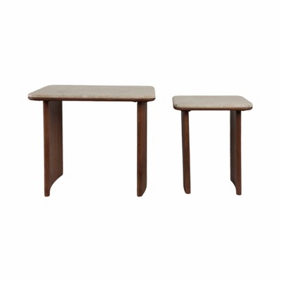Brown Travertine and Acacia Wood Nested Side Tables Set