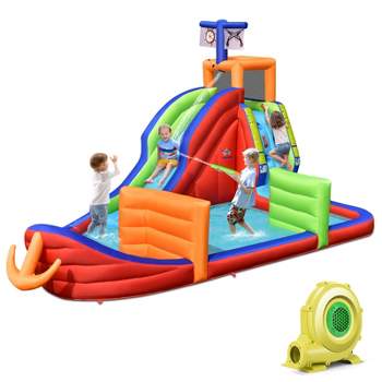 Tangkula Pirate-Themed Inflatable Kids Water Slide w/ Splash Pool & Climb Wall Indoor Outdoor Water Jumping Castle (with 735W Blower)