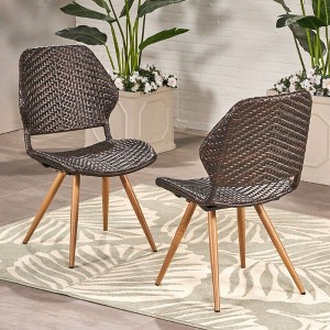 CAVINAS Outdoor Dining Chairs Set of 2, PE Wicker Patio  Dining Chairs with Wood-Finish Iron Legs,All-Weather for Garden,Backyard,Brown - 1 of 4