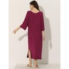 cheibear Women's Soft Three Quarter Sleeve Solid Slit Hem Pajama Dress - 3 of 4