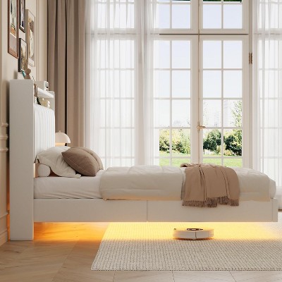 Upholstered PU Leather Floating Bed Frame with LED Lights and Charging Station, 50" Tall Headboard with Storage, Stable Structure.