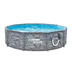 Summer Waves Active 12 Foot Round Stone Slate Metal Frame Outdoor Above Ground Swimming Pool Set with Filter Pump, Cartridge, and Repair Patch