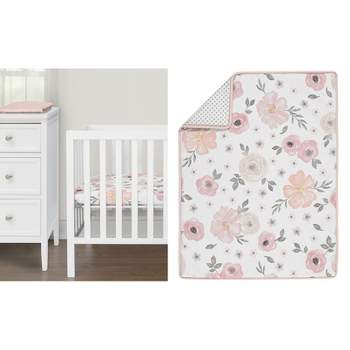 Sweet Jojo Designs Girl Baby Mini Crib Bedding Set - Watercolor Floral Pink and Grey 3pc