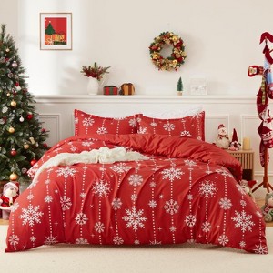 Christmas Duvet Cover Set,  Red Snowflake, Soft Brushed Microfiber, 3-Piece Comforter Cover with 2 Pillow Shams, Button Closure, 8 Corner Ties - 1 of 4