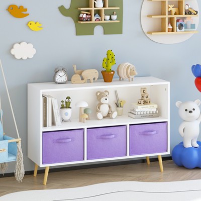 YONWAY Kids bookcase with Collapsible Fabric Drawers, Children's Book Display, Toy Storage Cabinet Organizer, White/Purple