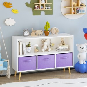YONWAY Kids bookcase with Collapsible Fabric Drawers, Children's Book Display, Toy Storage Cabinet Organizer, White/Purple - 1 of 4