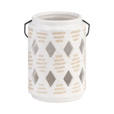 Sagebrook Home 6" Ceramic Lantern - Contemporary Ivory and Beige Diamond Cut-Out Creative Decorative Lantern with Handle for Indoor or Outdoor Use