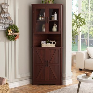 Tall Corner Storage Cabinet with Tempered Glass Doors, Barn Doors, and Adjustable Shelves - 1 of 4
