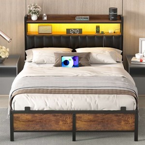 Besiost Bed Frame with Upholstered Storage Headboard, Bedframe with Charging Station and LED Light - 1 of 4