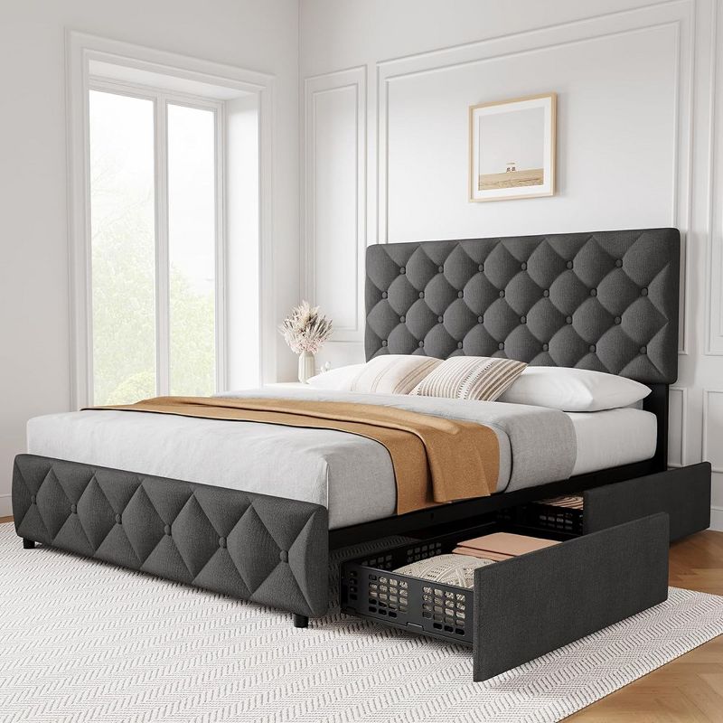 Whizmax Linen Upholstered Platform Bed Frame with 4 Storage Drawers and Headboard, Diamond Stitched Button Tufted, Gray, 1 of 8