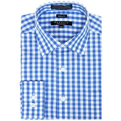 Marquis Men's French Blue Gingham Checkered Long Sleeve