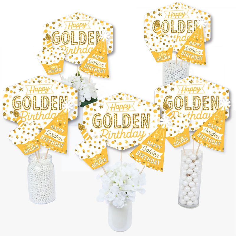 Big Dot of Happiness Golden Birthday - Happy Birthday Party Centerpiece Sticks - Table Toppers - Set of 15, 2 of 8