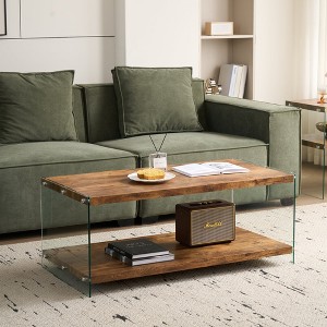 Hrinhom 43.3"W Walnut Tempered Glass CoffeeTable - 1 of 4