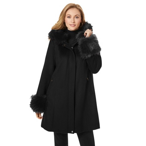 Jessica London Women's Plus Size Hooded Faux Fur Trim Coat - 16 W, Black