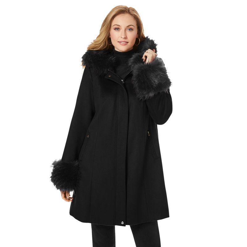 Jessica London Women's Plus Size Hooded Faux Fur Trim Coat, 1 of 2