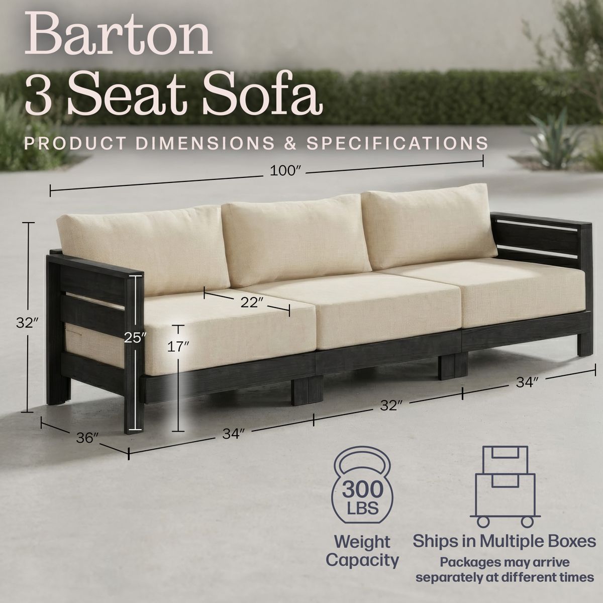 Alaterre Furniture Barton 3 Seater Outdoor Patio Sofa - Weather-Resistant Eucalyptus Wood Outdoor Couch with Thick Cream Cushions - (Black) - thumbnail 3