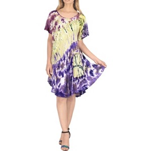 LA LEELA Women's Summer Holiday Casual Short Swing Dress Relaxed Maternity House Wear Dresses Medium/Large Multicolored, Tie Dye Design - 1 of 3