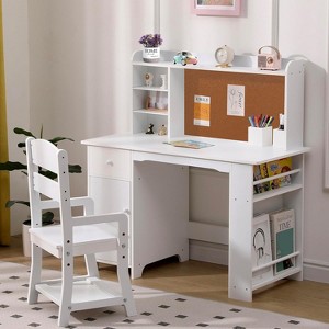 Kids Desk and Chair Set, Wooden Study Table with Storage Shelf, Bulletin Board, Children School Learning Desk Set - 1 of 4