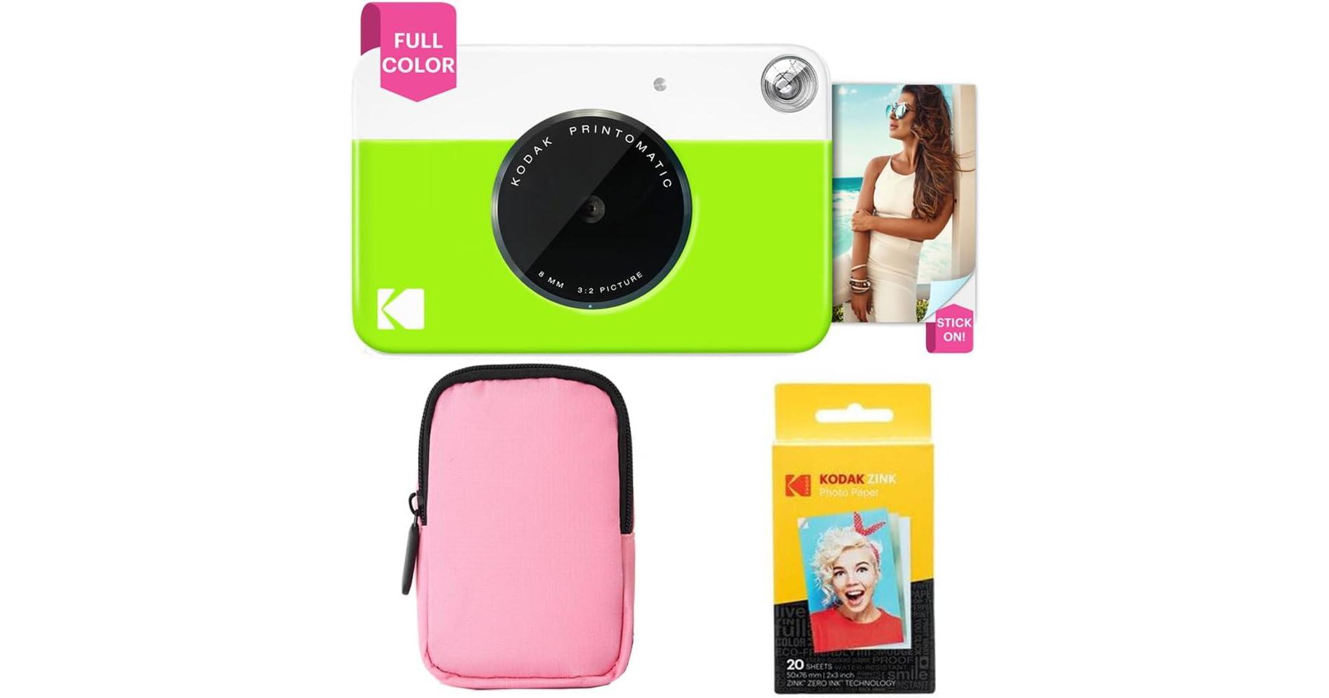 Kodak Printomatic Instant Print Camera Bundle with Pink Soft Case & 20-Pack Zink Photo Paper - Green