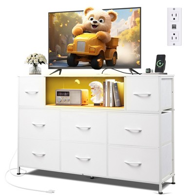 8-Drawer Fabric Dresser with Charging Station and LED Lights, TV Stand for 55-Inch