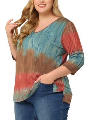 Agnes Orinda Women's Plus Size Tie Dye 3/4 Sleeve Side Slit V Neck Trendy Spring Tops