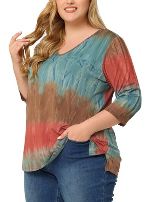 Agnes Orinda Women's Plus Size 3/4 Sleeve V Neck Stripe Boho Knit Casual  Blouse Green 2x : Target