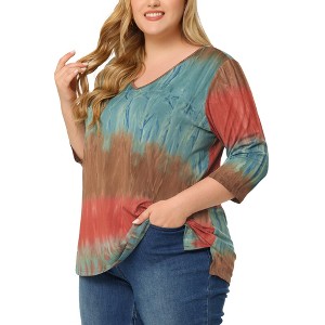 Agnes Orinda Women's Plus Size Tie Dye 3/4 Sleeve Side Slit V Neck Trendy Spring Tops - 1 of 4