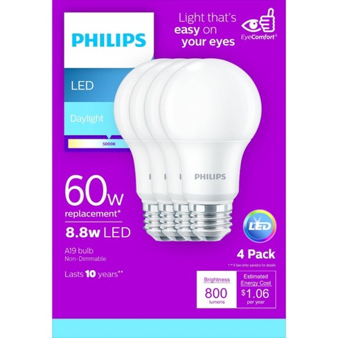 Philips LED 60-Watt A19 General Purpose Light Bulb, Frosted Daylight,  Non-Dimmable, E26 Medium Base (4-Pack) 