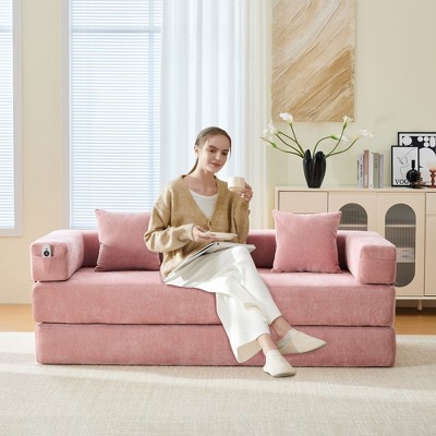 CAVINAS Modern Folding Chenille Futon Sofa Bed with Removable Foam & Pillows,Convertible Floor Sofa Couch for Living Room,Bedroom