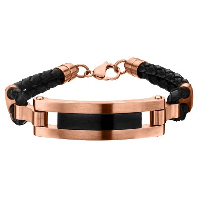 Men's Steel Art Stainless Steel Rose Gold and Black IP with Black Leather Bangle Bracelet (8.5")