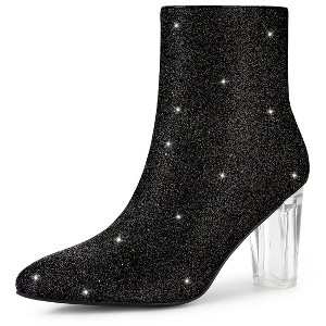 Allegra K Women's Zip Closure Pointed Toe Clear Block Heel Halloween Glitter Ankle Boots - 1 of 4
