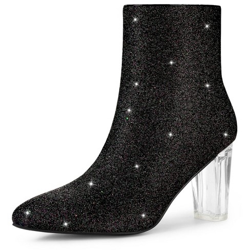 Allegra K Women s Zip Closure Pointed Toe Clear Block Heel Halloween Glitter Ankle Boots Black 7