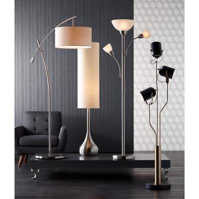 Adjustable Brushed Steel Arc Floor Lamp with Off-White Linen Shade