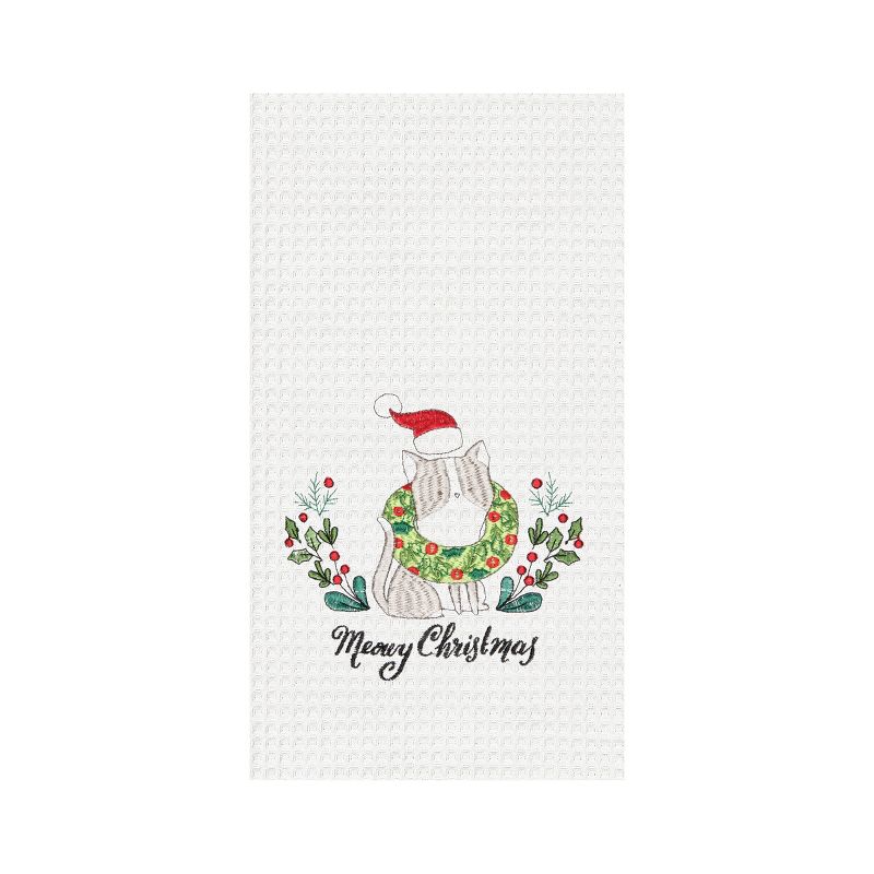 C&F Home 27" x 18" "Meowy Christmas" Sentiment Featuring Cat in Santa Hat Embroidered & Waffle Weave Kitchen Dish Towel, 1 of 4