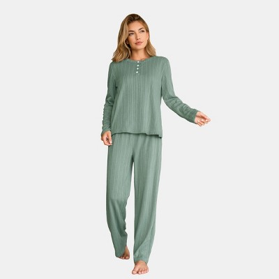 Women's Sage Green Button Design Long Sleeve Pajama Top & Pants Set -Cupshe