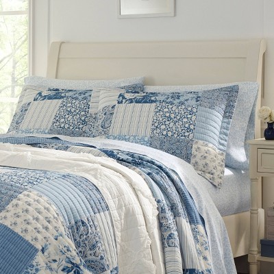 Blue Cotton Twin Reversible Patchwork Quilt Set