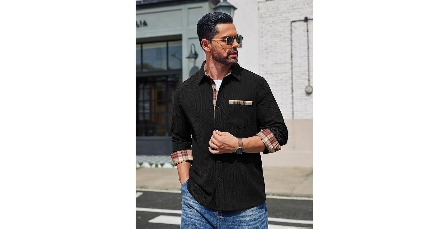 Мужская куртка COOFANDY Corduroy Shirt Men Long Sleeve Button Down Casual Overshirt Shirt Jacket Black, цвет: Чёрный — фото 2