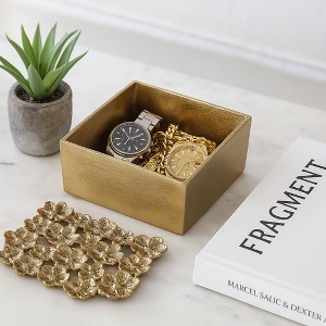 Elegant Floral Decorative Box with Lid for Home Decor - Stylish Flower Cut Out Metal Design Perfect for Keepsake and Storage - 4", Gold - 1 of 4