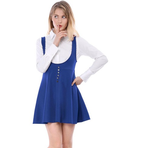 Allegra K Women s Button Overalls Pinafore Suspenders Skirt Indigo Blue Large