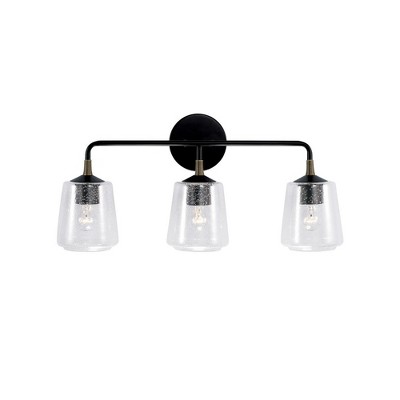 Amara Matte Black and Brass 3-Light Vanity with Seeded Glass