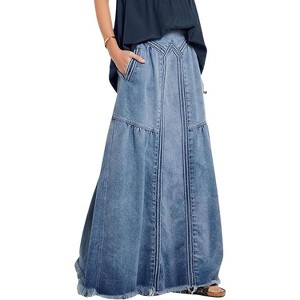 Women's Retro Denim Maxi Skirt - High Waist A-Line with Frayed Hem & Pockets Light Blue - 1 of 4