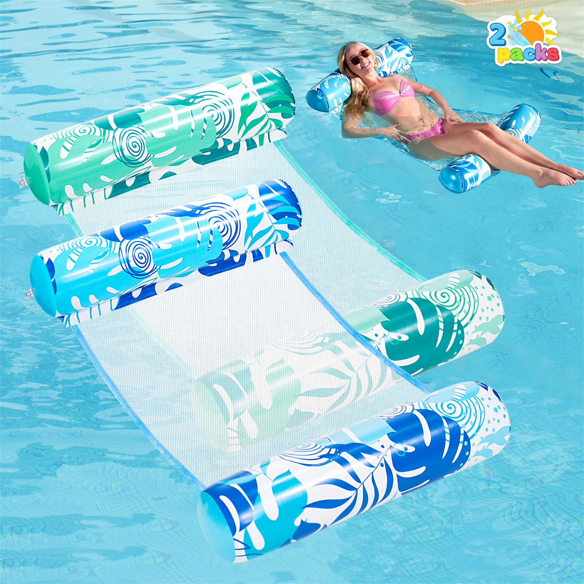 Joyfy 2 Packs Pool Floats, Water Hammock Float Lounges, Inflatable Pool Hammock Floats for Adults, 4-in-1 Multi-Purpose Lake Floaties(Blue,Cyan)