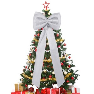 Orieon 25PCS Silver Satin Christmas Tree Topper & Ribbon Bows Set, Wired Edge Long Tail Bows for Tree, Wreath, Garland, Gifts. - 1 of 4