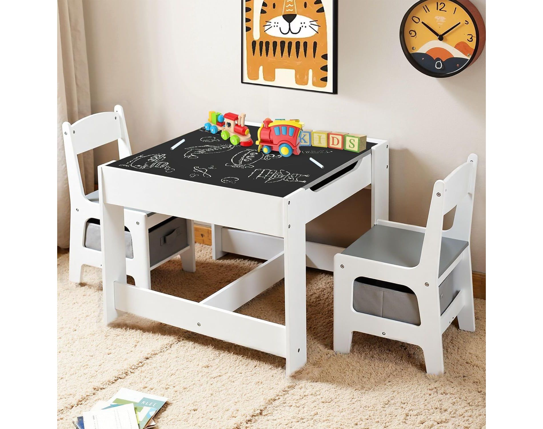 Kinder King 3-in-1 Kids Table & 2 Chairs Set with Storage, Removable Top & Blackboard, for Art, Crafts, Reading, Play, Grey