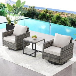 SUGOLD 3-Piece Patio Swivel Chairs,PE Wicker Outdoor Rocking Chairs Bistro Set with Side Table Porch Balcony Furniture - 1 of 1