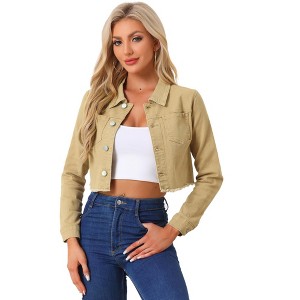 Allegra K Women's Turn Down Frayed Button Down Washed Cropped Denim Jacket - 1 of 4